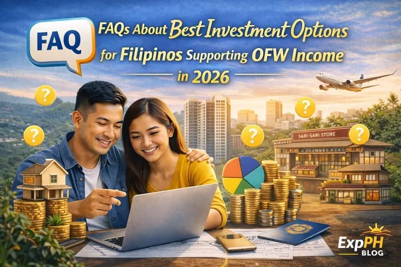 OFW investment options 2026 Filipino couple reviewing investment FAQs for OFW income in 2026 on a laptop, with symbols of savings, small business, real estate, and ExpPH Blog logo