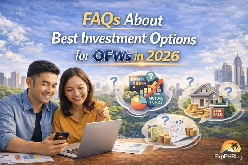 FAQs about best investment options for OFWs in 2026 showing Filipino couple discussing investments, questions, and financial planning with ExpPH Blog logo