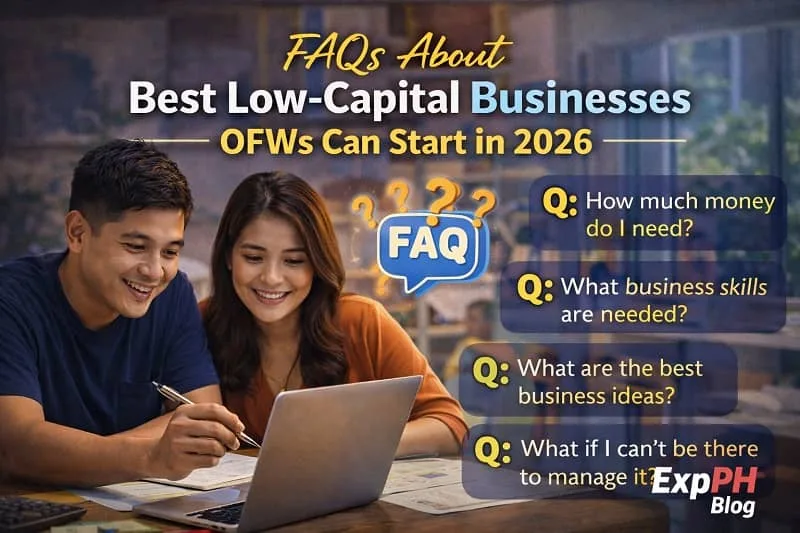Low Capital Business Ideas for OFWs Filipino OFW couple reviewing business FAQs on a laptop about low-capital business ideas for 2026 with ExpPH Blog logo visible
