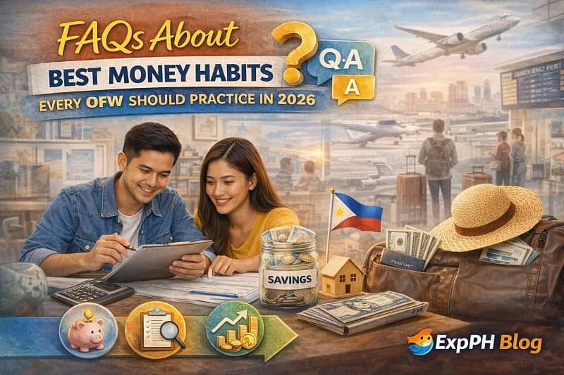 Filipino OFW couple reviewing financial plans at an airport with savings, budgeting icons, and travel items, representing FAQs about best money habits every OFW should practice in 2026