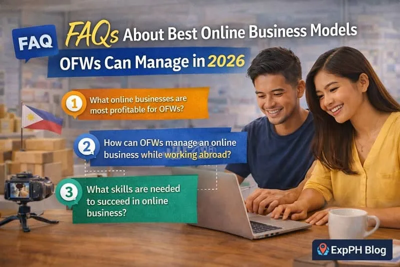 Filipino OFWs reviewing FAQs about best online business models they can manage in 2026 with ExpPH Blog logo