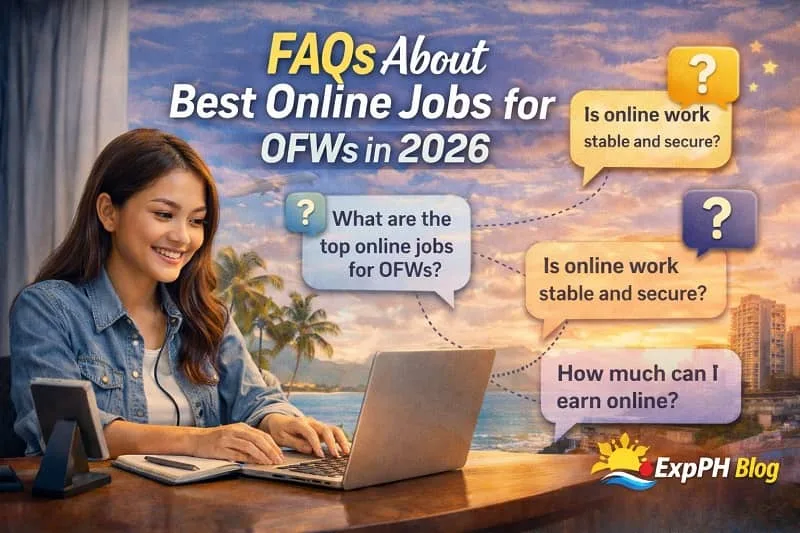 Filipino OFW working on a laptop with FAQ icons showing frequently asked questions about best online jobs for OFWs in 2026 with ExpPH Blog logo