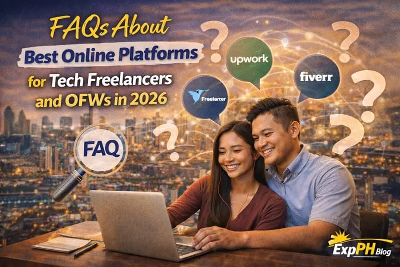 Online Tech Freelancing Platforms for OFWs Filipino tech freelancers and OFWs reviewing FAQs about online freelancing platforms on a laptop in a 2026 setting