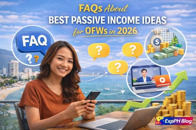Filipino OFW reviewing frequently asked questions about best passive income ideas for OFWs in 2026 using a laptop and digital tools