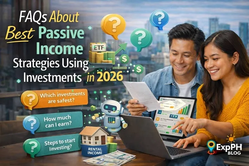 Filipino couple reviewing FAQs about passive income investment strategies for 2026 using charts and digital tools