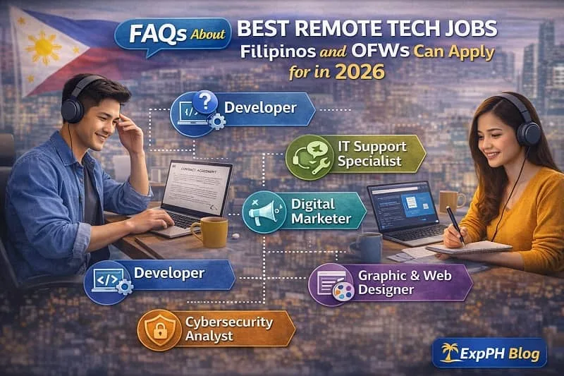 Best Remote Tech Jobs for Filipinos and OFWs Filipino professionals reviewing frequently asked questions about remote tech jobs in 2026 with ExpPH Blog logo