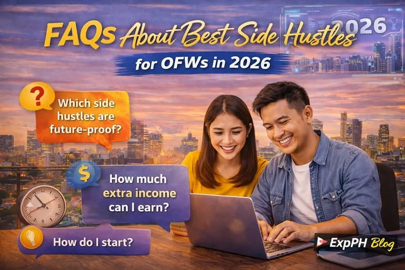 Best Side Hustles for OFWs Filipino OFWs reviewing frequently asked questions about side hustles for 2026 using a tablet, showing common concerns about income, skills, and starting online work