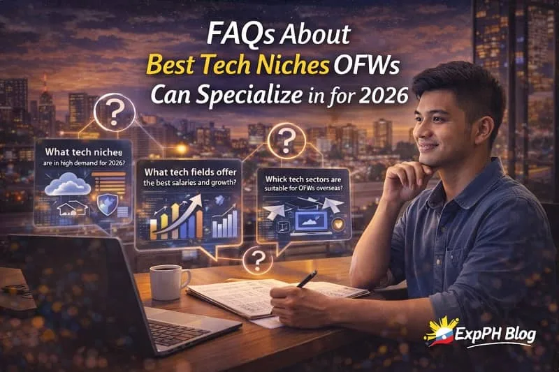 Filipino overseas worker reviewing frequently asked questions about tech careers on a laptop, representing FAQs about the best tech niches OFWs can specialize in for 2026.