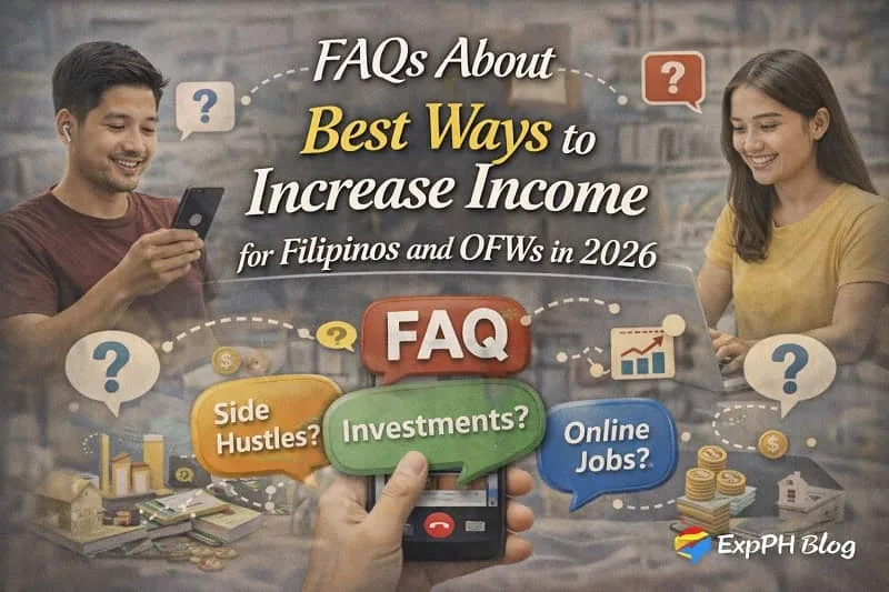 Increase Income for Filipinos and OFWs Filipinos and OFWs reviewing common questions about increasing income in 2026 using online jobs, side hustles, and financial planning.