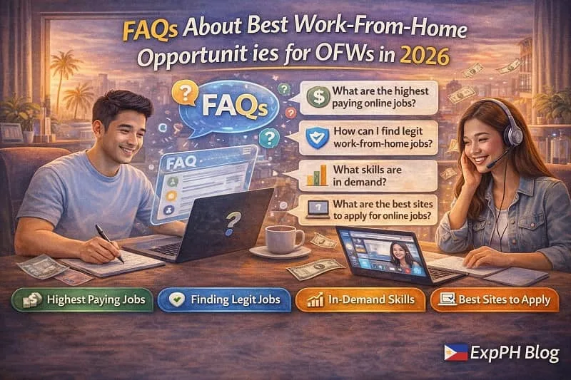Filipino OFWs working from home while reviewing frequently asked questions about the best work from home opportunities for OFWs in 2026