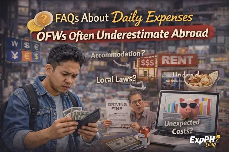 OFW daily expenses abroad and Filipino OFW holding cash and receipts abroad, showing frequently asked questions about daily expenses OFWs often underestimate while living and working overseas, with ExpPH Blog logo