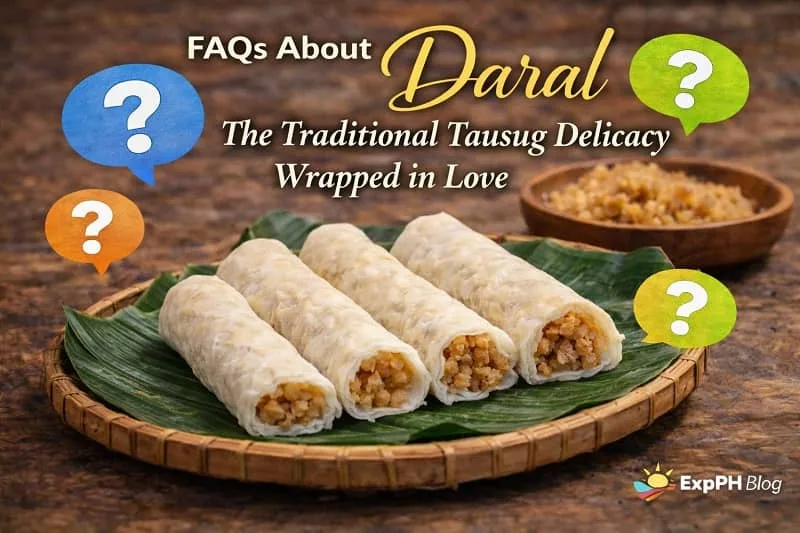 Daral Tausug delicacy displayed on banana leaves with coconut filling, featured in an FAQ visual explaining its cultural meaning and traditional preparation