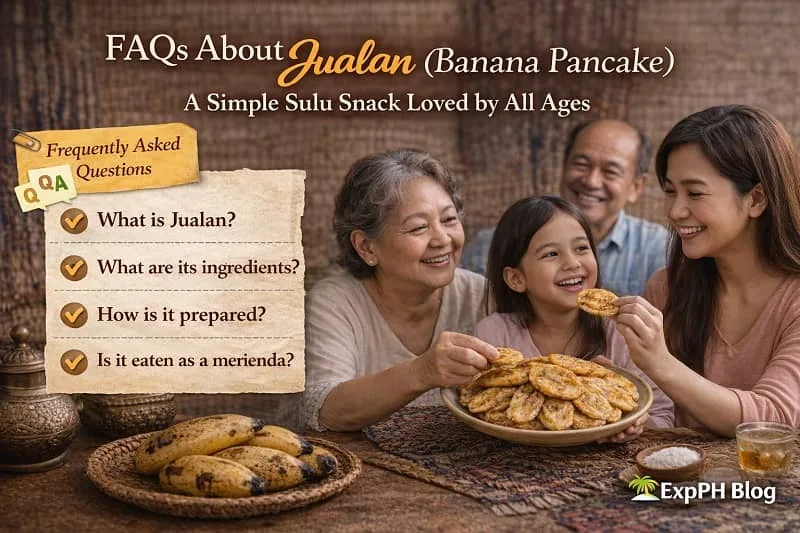 Frequently asked questions about Jualan Sulu banana pancake, a traditional Filipino snack, shown with a plate of Jualan in a Filipino kitchen setting