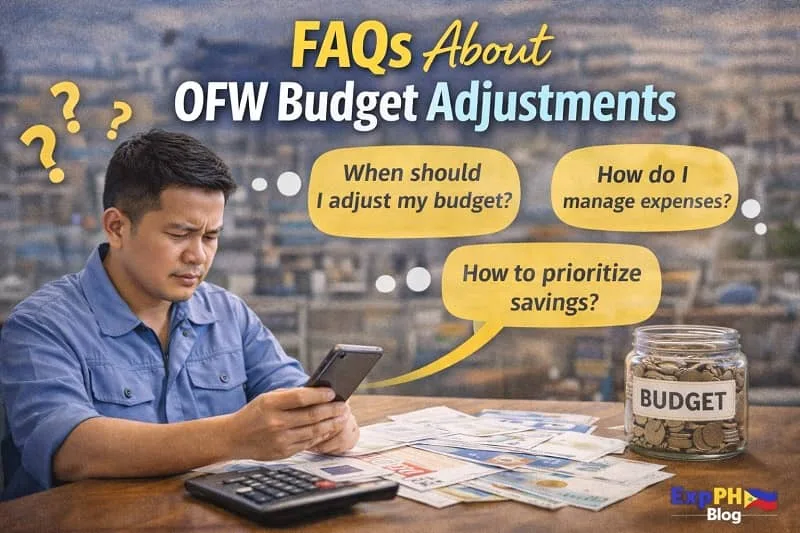 Filipino OFW reviewing budget questions on a laptop with notes, calculator, and savings jar, showing FAQs about OFW budget adjustments with ExpPH Blog logo.