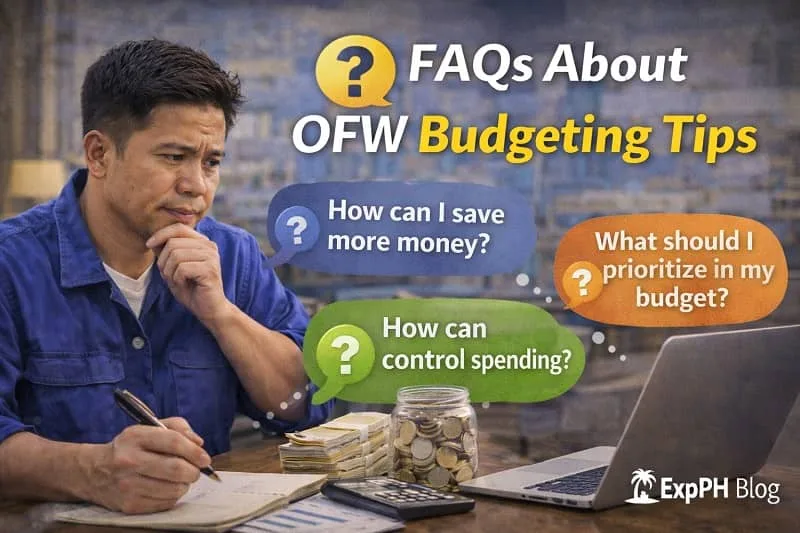 Filipino OFW reviewing budgeting notes and questions, representing common FAQs about OFW budgeting tips and money management abroad.