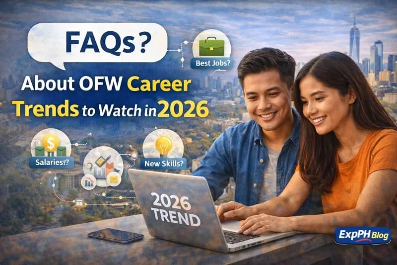 Filipino OFWs reviewing career trend questions on a laptop, with icons showing jobs, salaries, and skills related to OFW career trends in 2026.