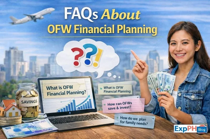 Filipino OFW reviewing frequently asked questions about budgeting, saving, and financial planning, representing FAQs about OFW Financial Planning