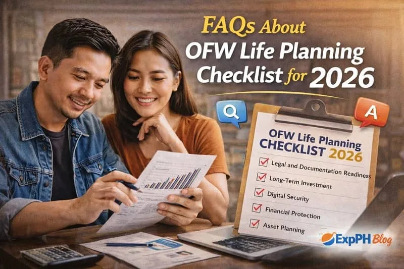 Filipino OFW couple reviewing a life planning checklist with question and answer icons, representing FAQs about OFW life planning checklist for 2026