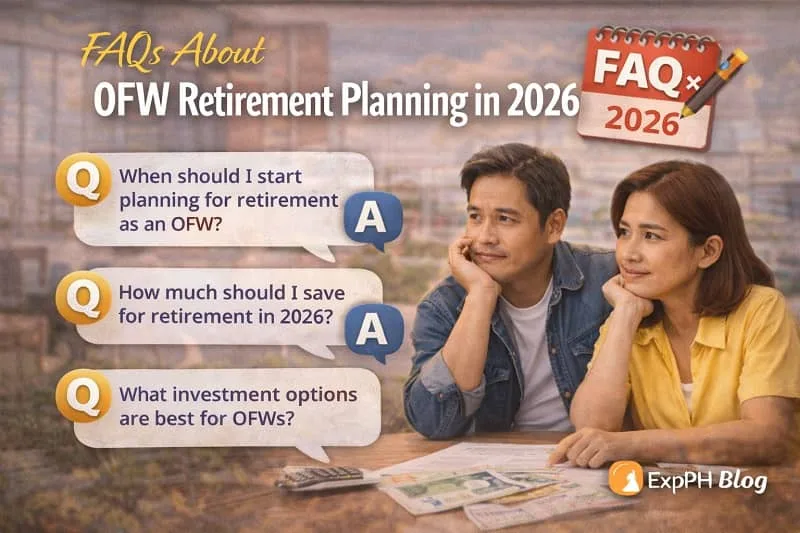 Filipino OFW couple discussing retirement questions with FAQ icons and financial documents, representing common questions about OFW retirement planning in 2026