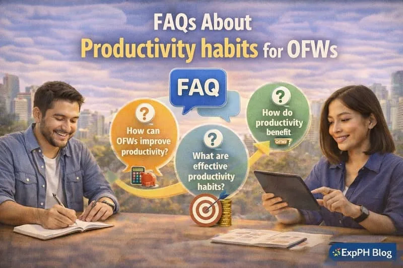 Filipino OFWs reviewing frequently asked questions about productivity habits using digital devices and planners with ExpPH Blog logo
