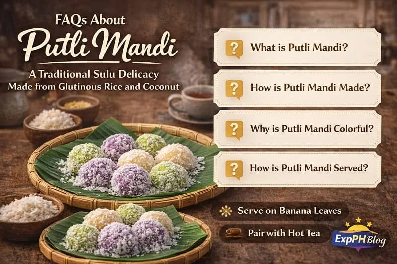 FAQs about Putli Mandi Sulu Delicacy made from glutinous rice and coconut displayed on banana leaves in a traditional Filipino setting with ExpPH Blog logo