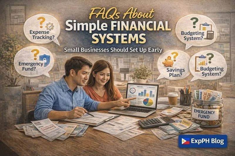 Filipino couple reviewing financial charts on a laptop with documents, calculator, and emergency fund jar, representing FAQs about simple financial systems for small businesses