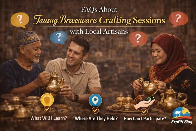 Tausug artisans answering questions during a brassware crafting session in Sulu, highlighting Filipino culture, learning, and community interaction.