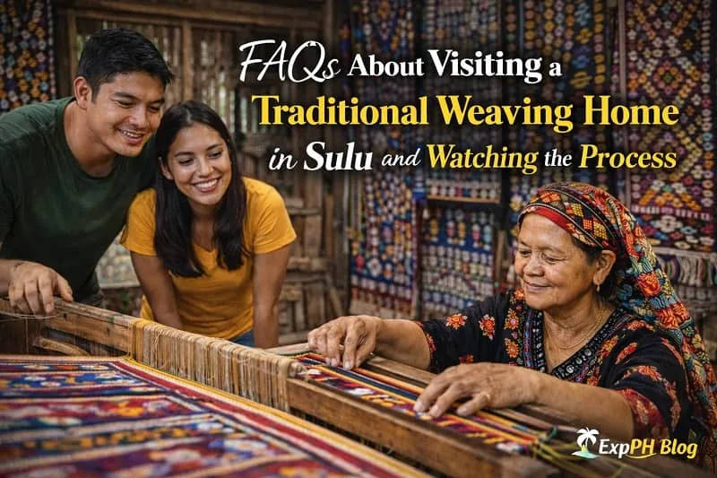 Filipino visitors asking questions while watching a local artisan demonstrate traditional weaving inside a Sulu home