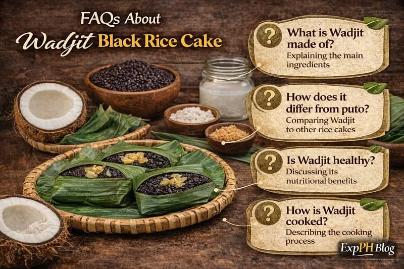 Wadjit black rice cake wrapped in banana leaves with ingredients and question graphics, representing frequently asked questions about this Filipino dessert