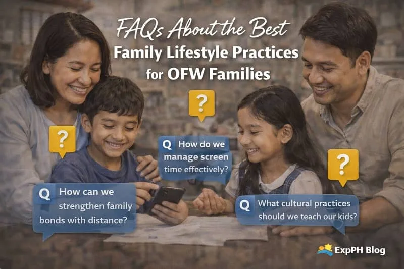 FAQs About the Best Family Lifestyle Practices for OFW Families showing a Filipino family discussing questions together using a smartphone at home