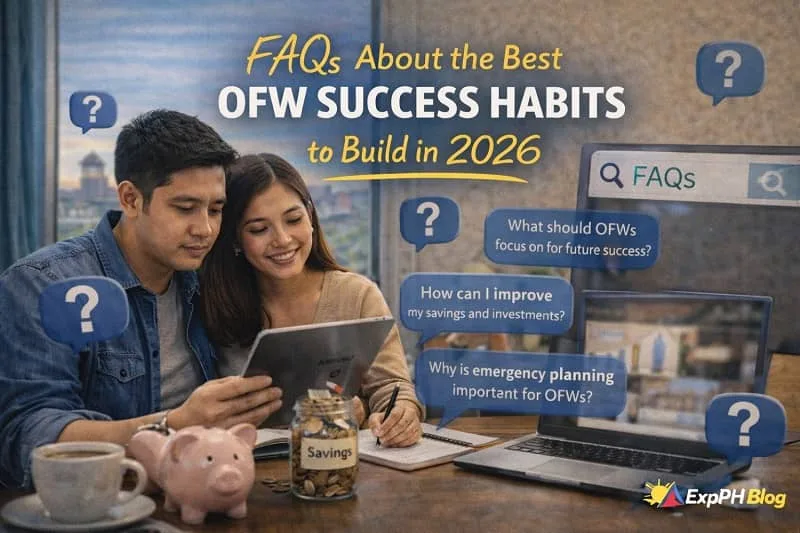 Filipino OFW couple reviewing questions on a tablet with savings jar and laptop, representing frequently asked questions about OFW success habits in 2026