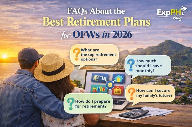 Filipino OFW couple reviewing retirement plan questions on a laptop, showing common FAQs about the best retirement plans for OFWs in 2026 in a Philippine setting