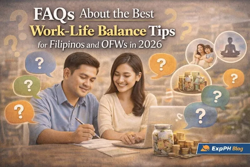 Work-Life Balance Tips for Filipinos and OFWs Filipino couple reviewing work-life balance questions on a laptop, representing common FAQs about balancing work, family, health, and finances in 2026.
