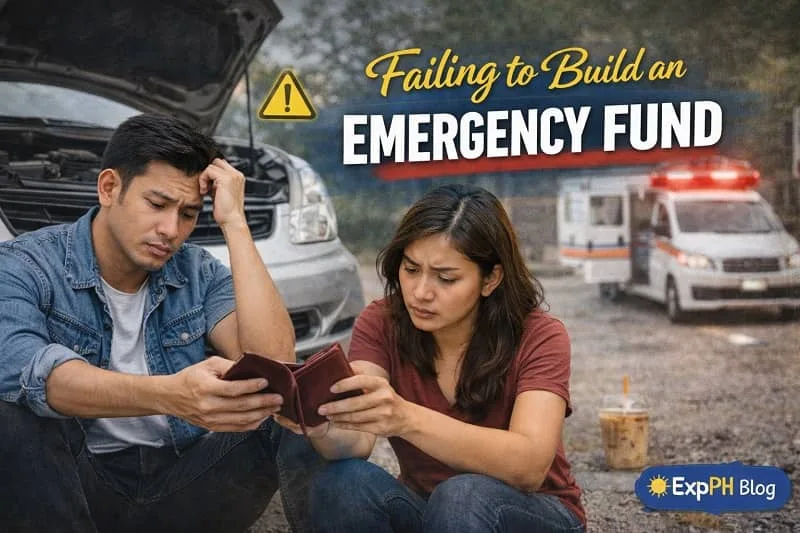 Filipino individual facing financial stress with empty wallet and unpaid bills, showing the impact of failing to build an emergency fund