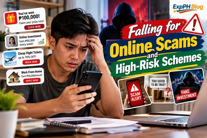 A worried Filipino man checking his smartphone while surrounded by suspicious online offers, fake investment promotions, and scam alerts, illustrating the risks of online scams and high-risk financial schemes.