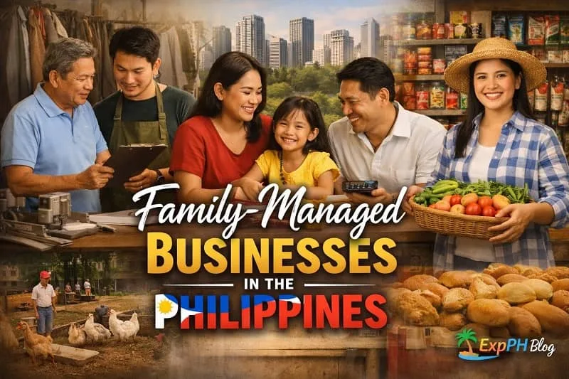 Filipino family working together in different small businesses including a sari-sari store, farming, and bakery with city background and ExpPH Blog logo