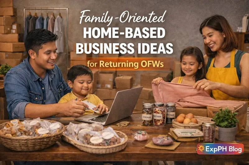 Filipino family working together on a home-based business, showing parents and children packing products and managing orders after an OFW returns home.