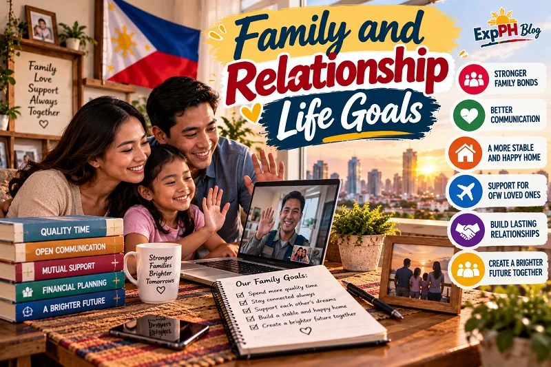 Realistic Filipino family sharing a video call with an overseas loved one, representing family bonding, open communication, mutual support, and relationship goals, with the ExpPH Blog logo.