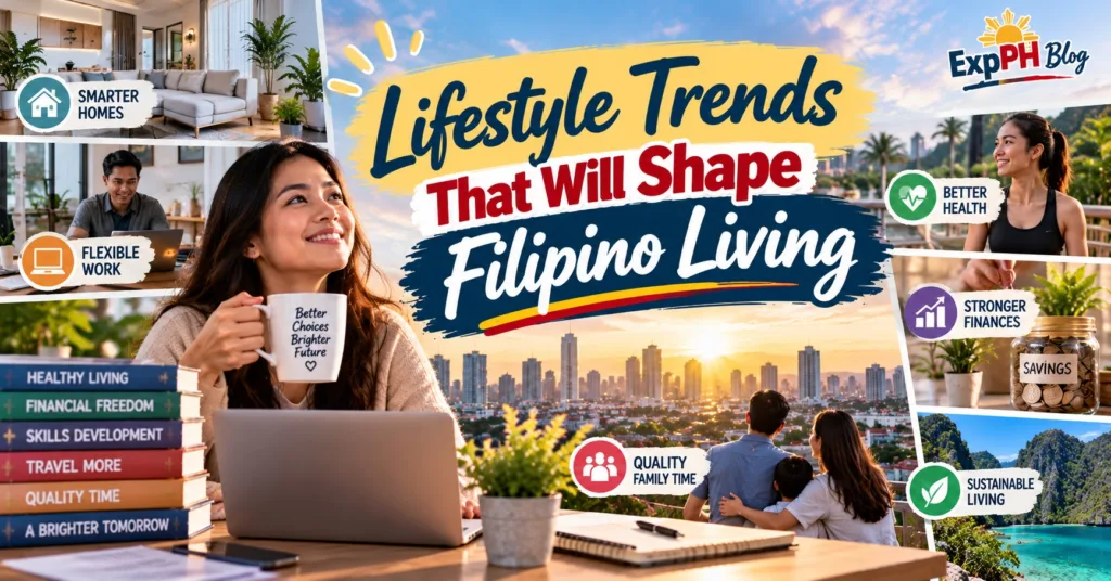 Realistic Filipino lifestyle feature image showing a young Filipina working on a laptop, a modern home, healthy living, financial savings, family time, and sustainable travel, with a Manila skyline and the ExpPH Blog logo.