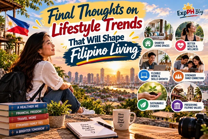 Realistic Filipina woman overlooking a sunset city skyline beside a Philippine flag, with visual panels showing modern homes, wellness, flexible work, family connections, sustainable living, and Filipino cultural heritage, featuring the ExpPH Blog logo.
