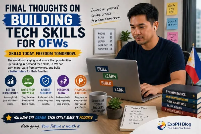 A Filipino professional working on a laptop in a modern workspace, with motivational text about building tech skills, career growth, and financial freedom, including the ExpPH Blog logo.
