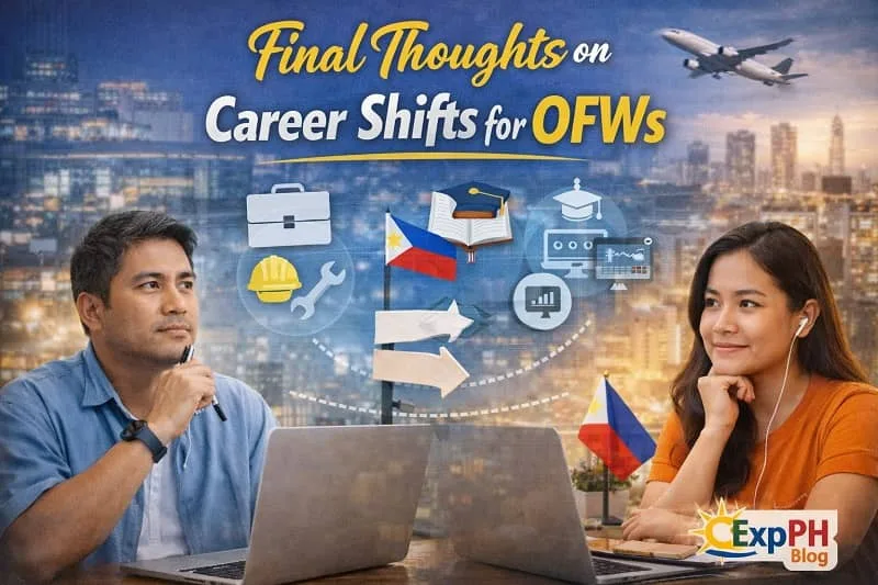 Filipino OFWs thinking about career change while using laptops, with career path icons, Philippine flag, and city background, featuring ExpPH Blog logo