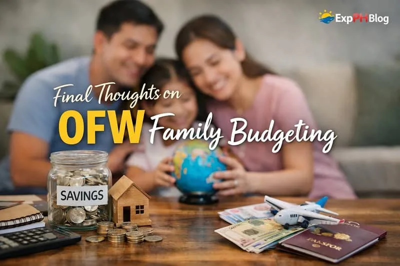 A Filipino family smiling together while reviewing finances, with savings jar, house model, passports, and airplane symbolizing OFW family budgeting and financial planning