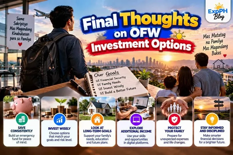 Filipino overseas worker looking toward a city skyline as his family plans for a brighter future, with visual reminders about saving, investing wisely, protecting loved ones, and building long-term financial security.