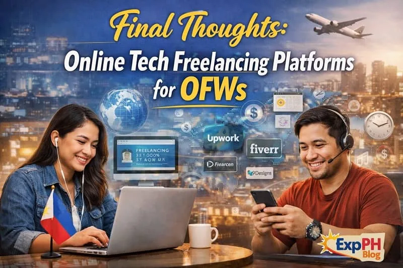 Filipino OFW working on a laptop with freelancing platforms, digital icons, and global network background, featuring ExpPH Blog logo
