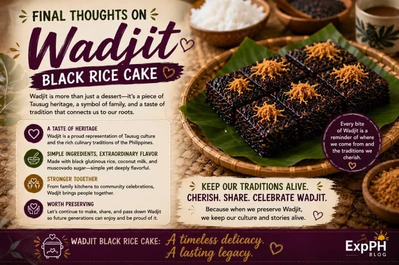 A beautiful serving of traditional Wadjit Black Rice Cake on fresh banana leaves, representing the rich culinary heritage and flavors of the Tausug people.