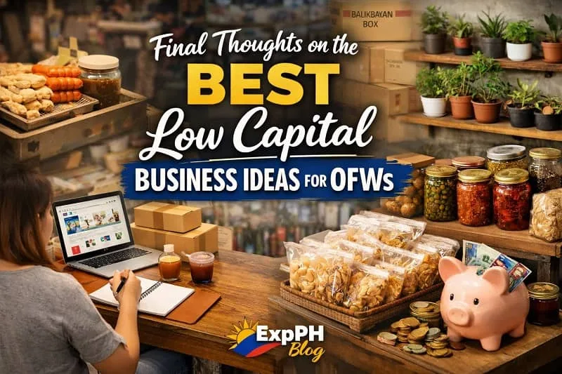 Filipino home-based business setup showing food products, online selling, and small capital investments with ExpPH Blog logo