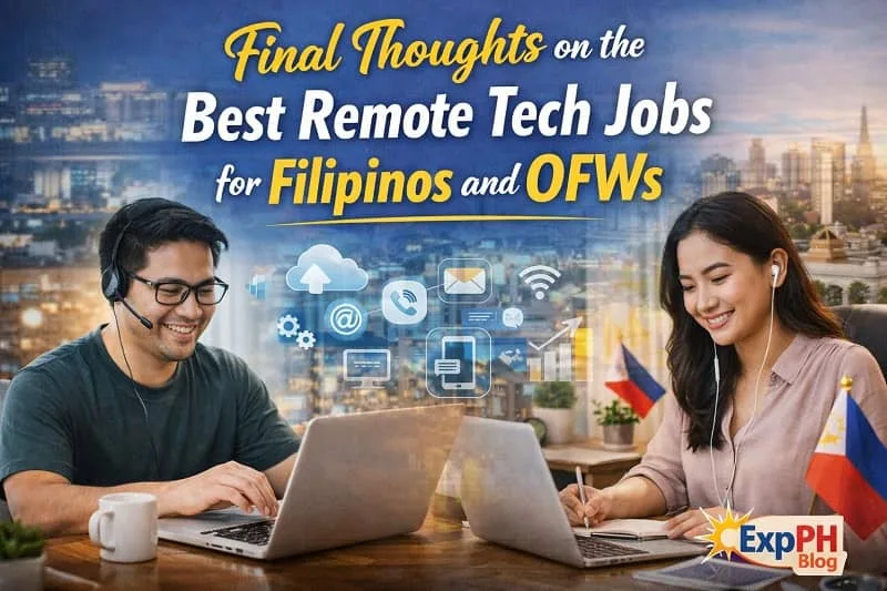 Filipino remote tech workers using laptops with digital icons, Philippine flag, and city background, representing online jobs and global opportunities, with ExpPH Blog logo