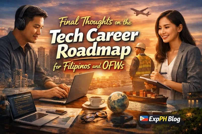 Filipino professionals and OFWs working in tech careers with laptop, city skyline, and global opportunities background