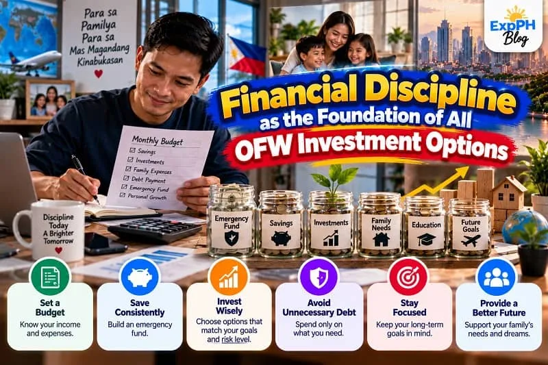 Filipino overseas worker creating a monthly budget beside savings jars for emergency funds, investments, family expenses, education, and future goals.